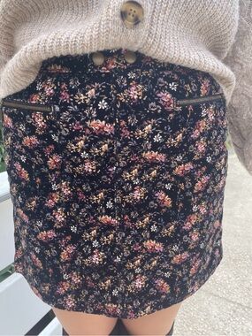 Black Floral Corduroy Mini Skirt with Zip Pockets